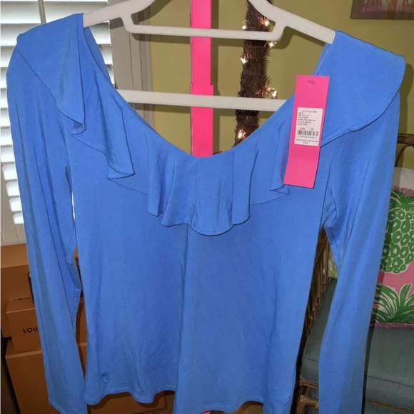Lilly Pulitzer NWT Alessa Ruffle Top Coastal Blue $78 Size XS - Picture 5 of 5